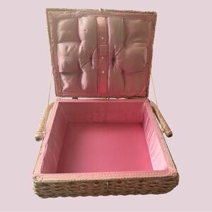 Vintage Pink Wicker Sewing Basket with Handle - Made in Japan